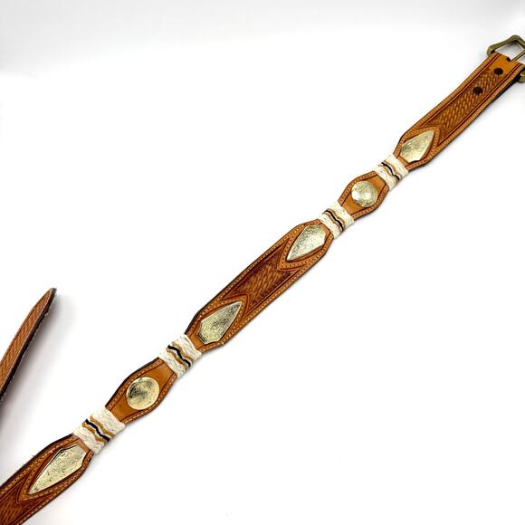 Nocona Western Concho Belt 30 Brown Leather Tooled Basketweave Rawhide Brass - Picture 2 of 12